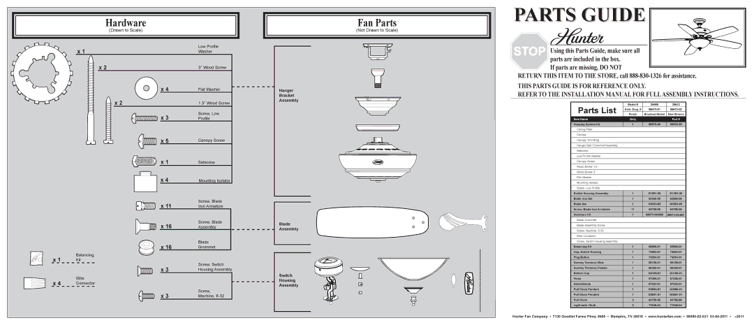 Hunter Fan 28642, 28665 installation manual Hardware, Fan Parts, Parts List, Not Drawn to Scale 