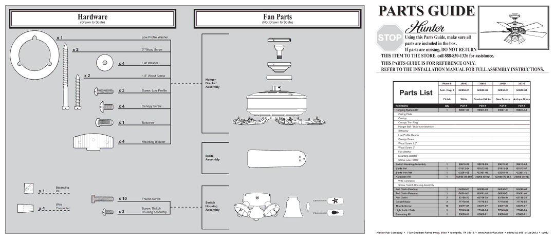 Hunter Fan 28682 installation manual Hardware, Fan Parts, Parts List, Not Drawn to Scale 