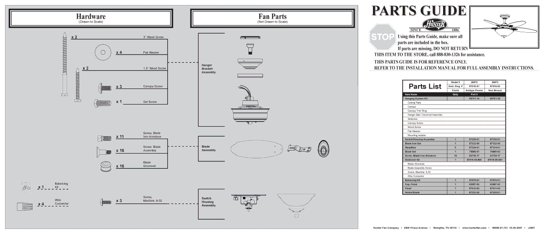 Hunter Fan 28873, 28872 installation manual Hardware, Fan Parts, Parts List, Not Drawn to Scale 