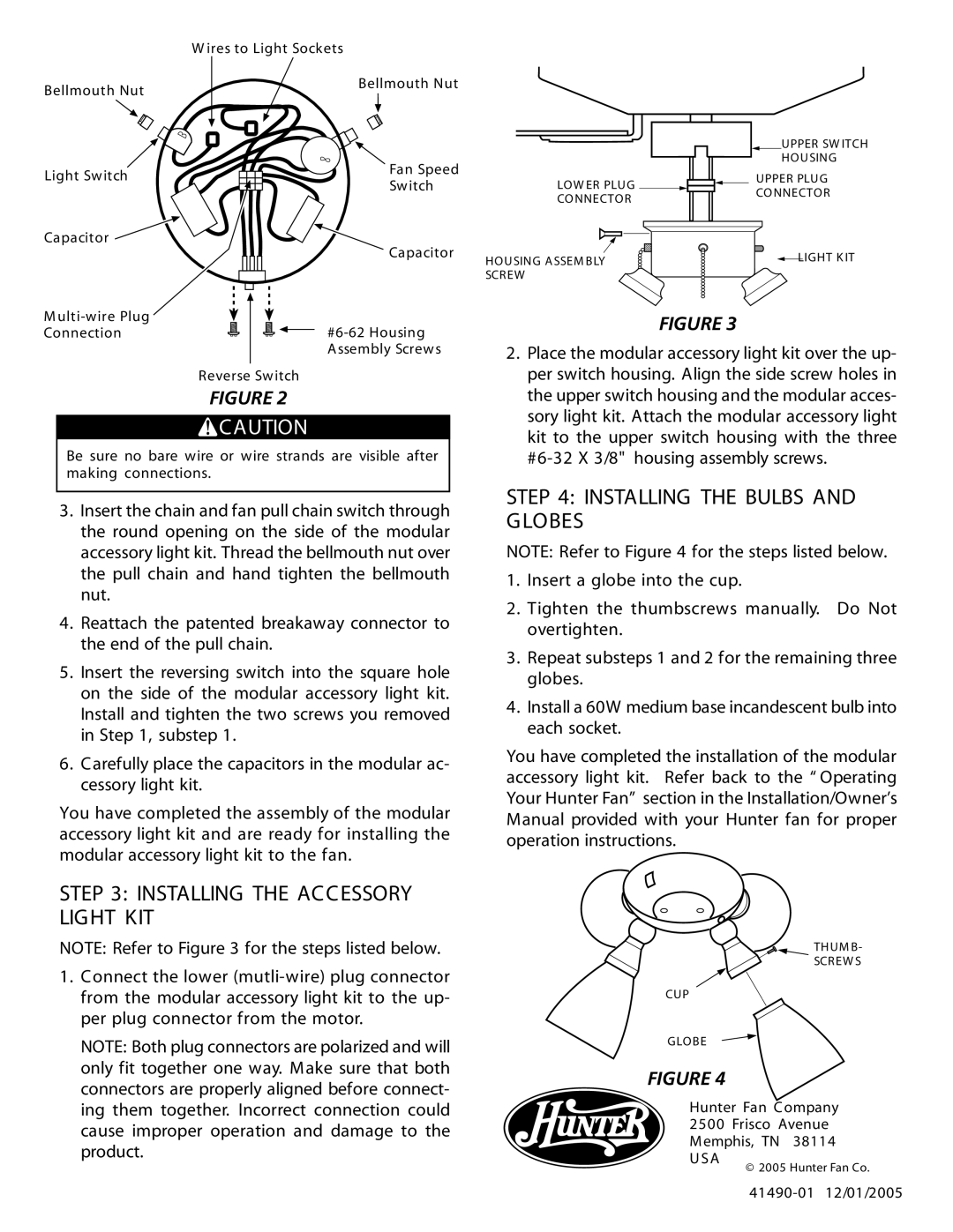 Hunter Fan 28982, 28983, 28984, 28405, 28406, 28407, 28344 Installing the Accessory Light KIT, Installing the Bulbs and Globes 