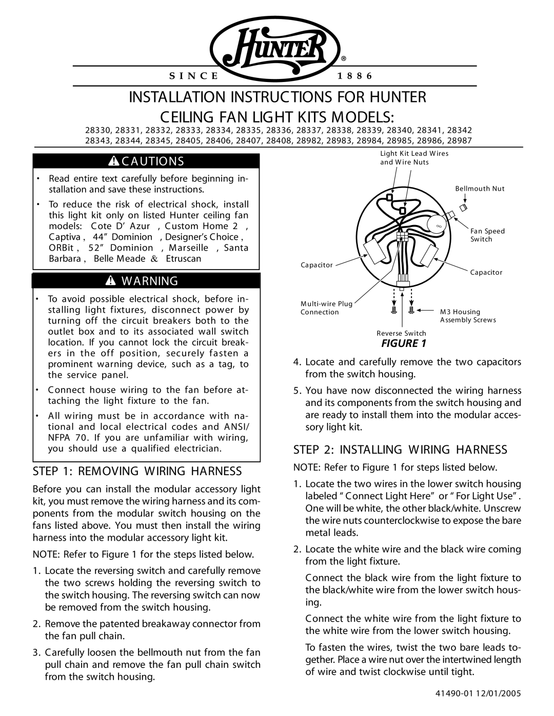 Hunter Fan 28984, 28983, 28982 installation instructions Removing Wiring Harness, Installing Wiring Harness, C Autions 