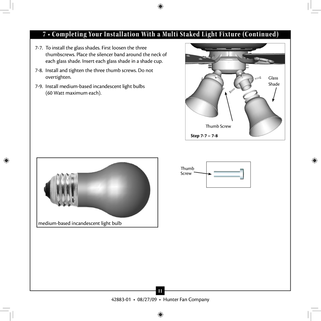 Hunter Fan 2A installation manual Glass Shade Thumb Screw 