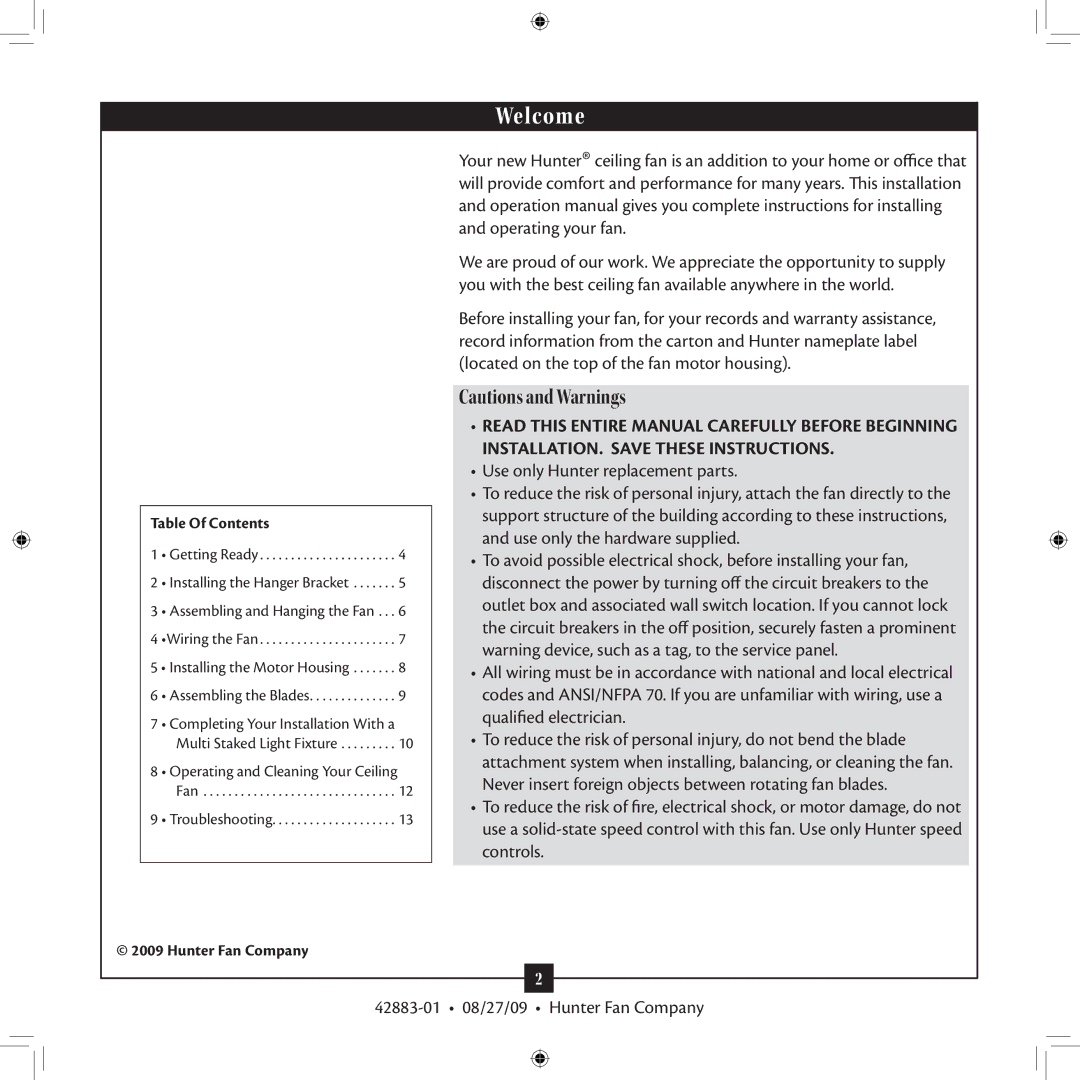 Hunter Fan 2A installation manual Welcome 