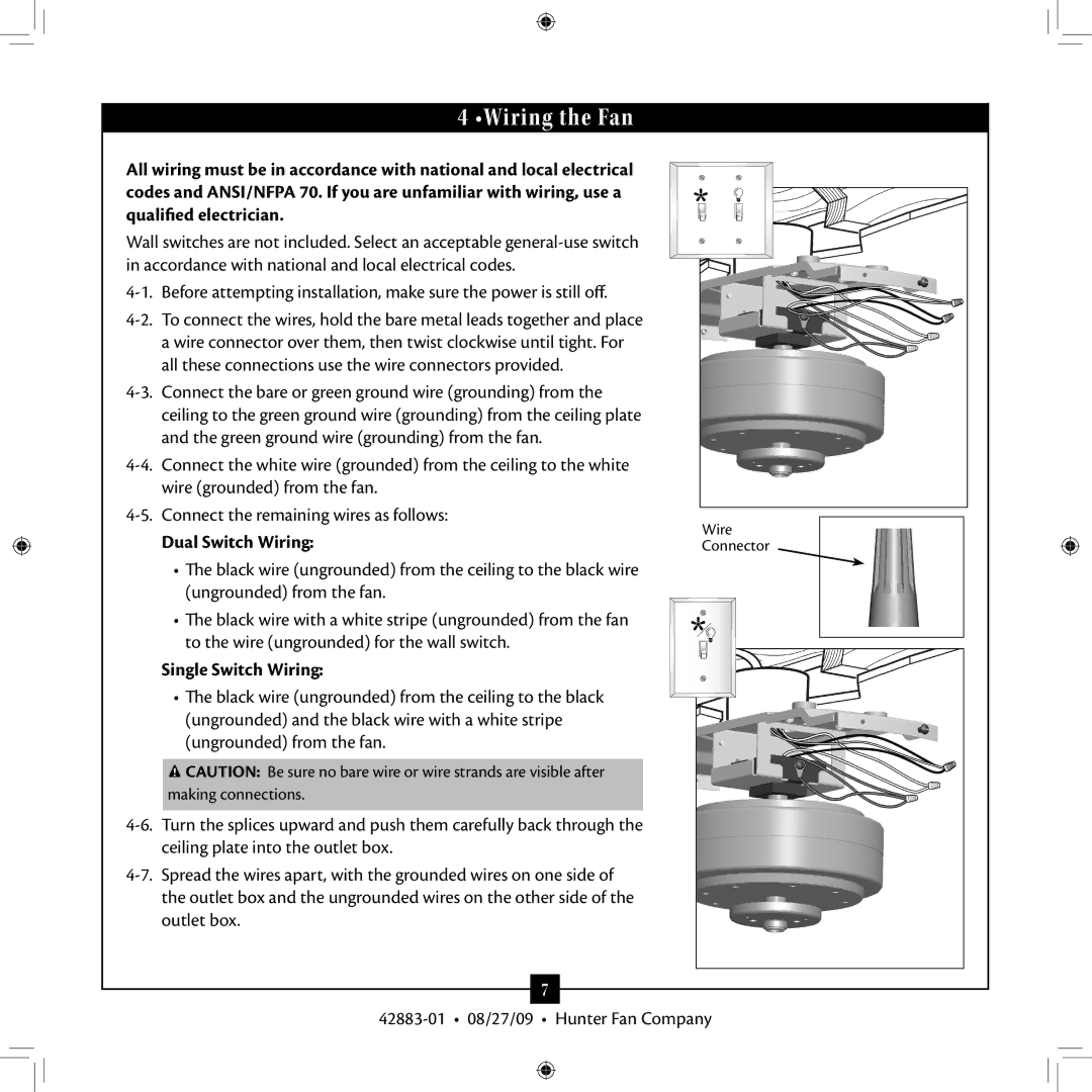 Hunter Fan 2A installation manual Wiring the Fan, Dual Switch Wiring, Single Switch Wiring 