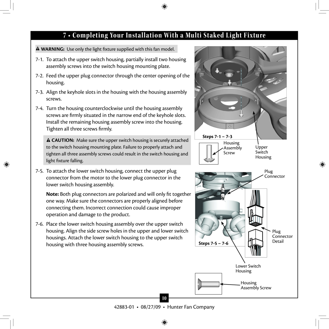 Hunter Fan 2A installation manual Completing Your Installation With a Multi Staked Light Fixture 