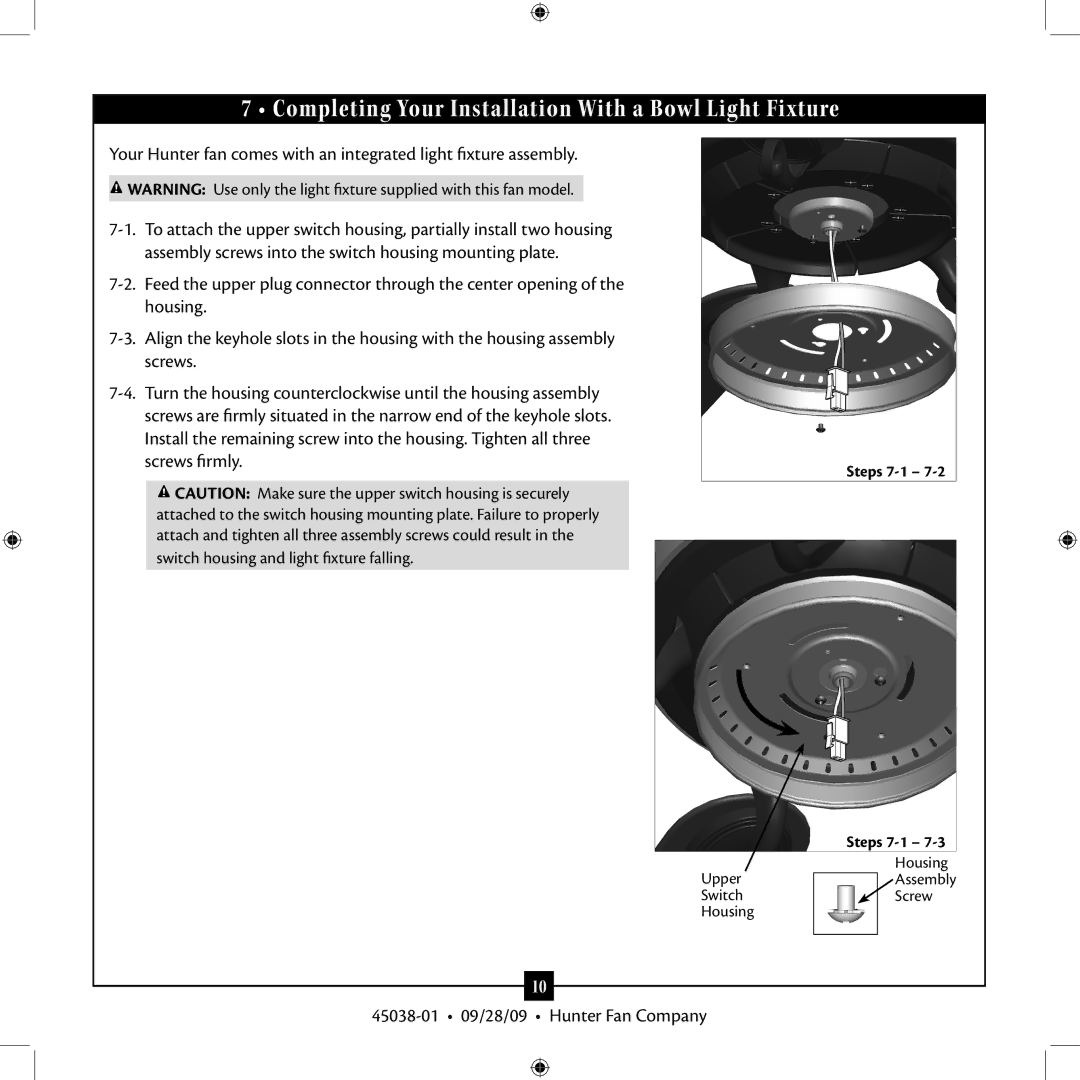 Hunter Fan 3 installation manual Completing Your Installation With a Bowl Light Fixture 