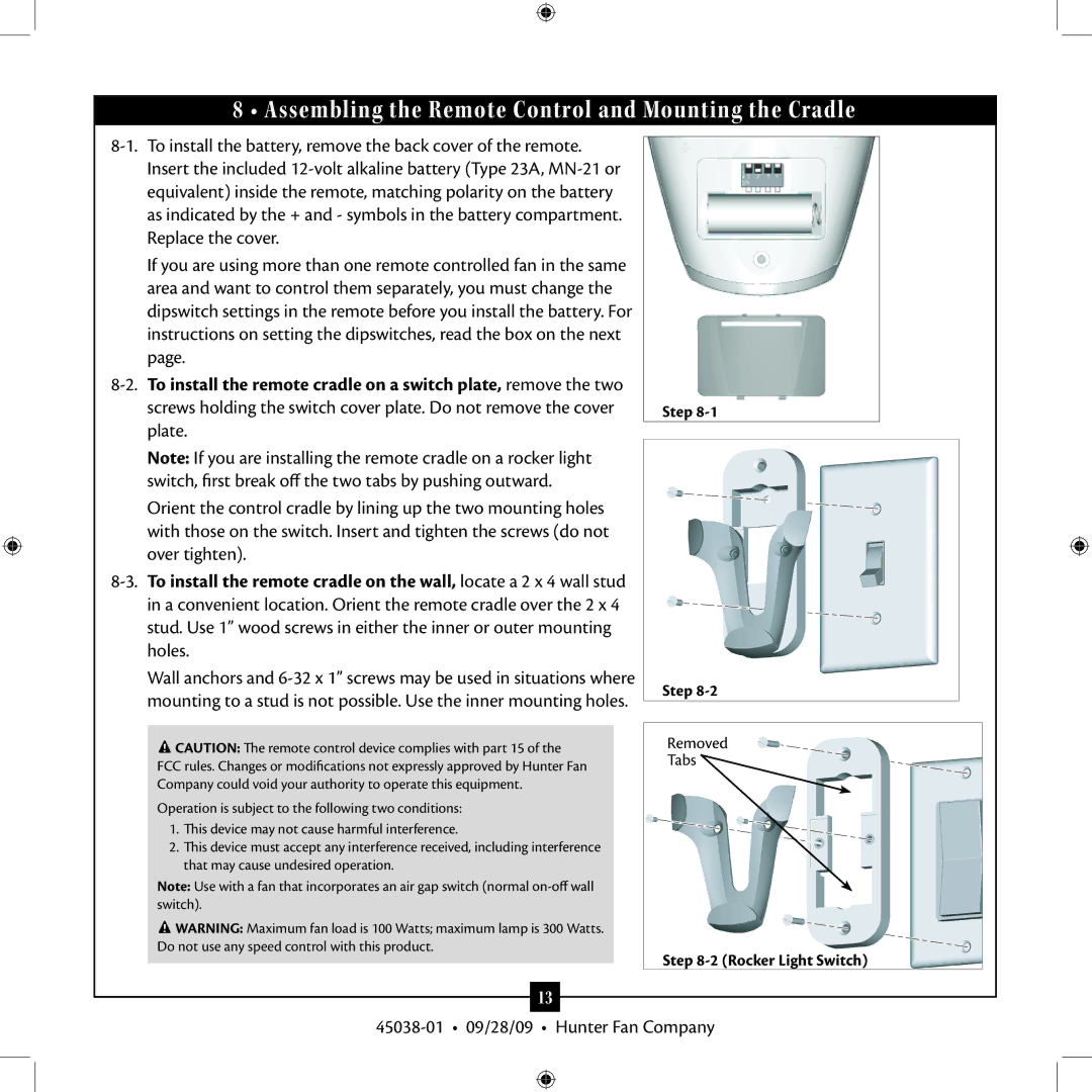 Hunter Fan 3 installation manual Assembling the Remote Control and Mounting the Cradle 