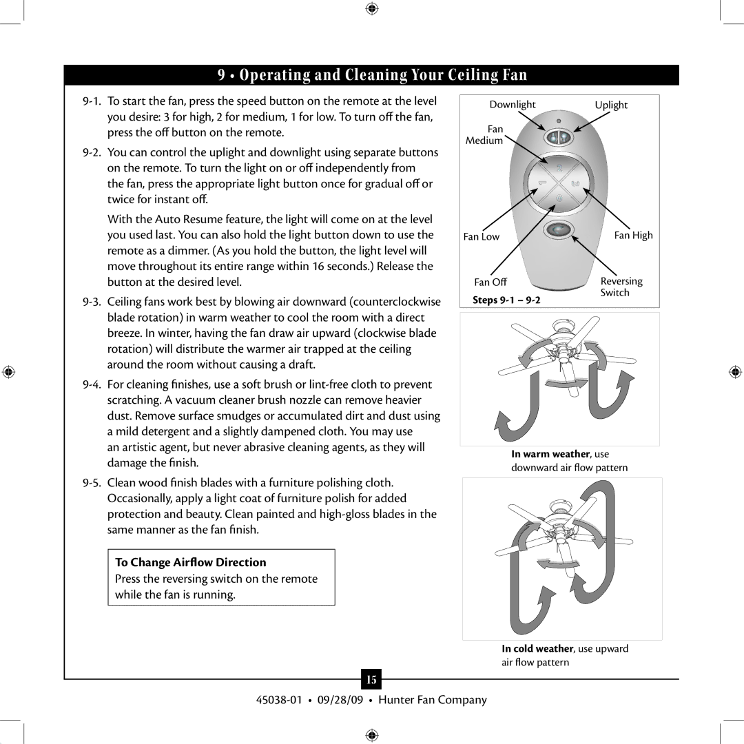 Hunter Fan 3 installation manual Operating and Cleaning Your Ceiling Fan, To Change Airflow Direction 