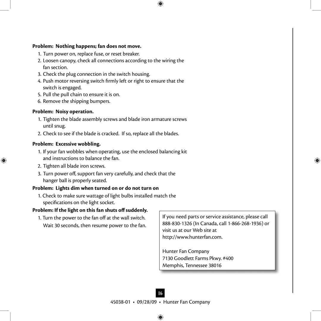 Hunter Fan 3 installation manual Troubleshooting, Problem Nothing happens fan does not move, Problem Noisy operation 