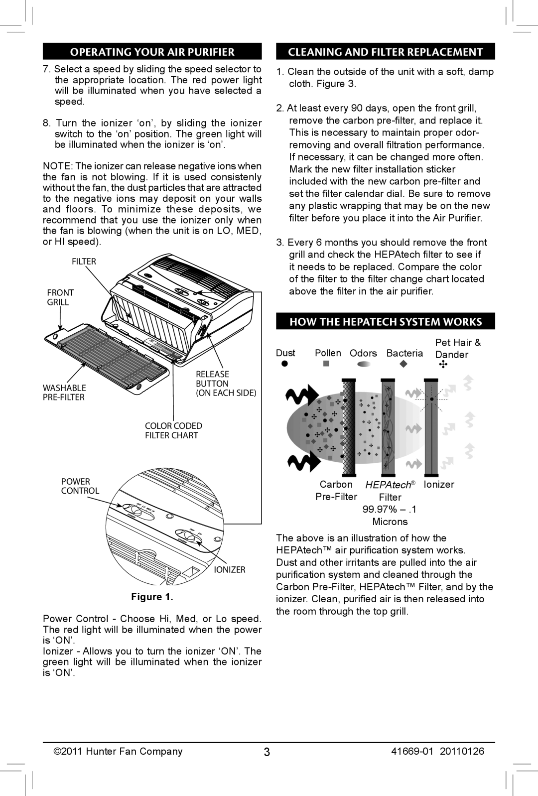 Hunter Fan 30031, 30032 manual Operating Your Air Purifier, Cleaning and filter Replacement, How the Hepatech System Works 