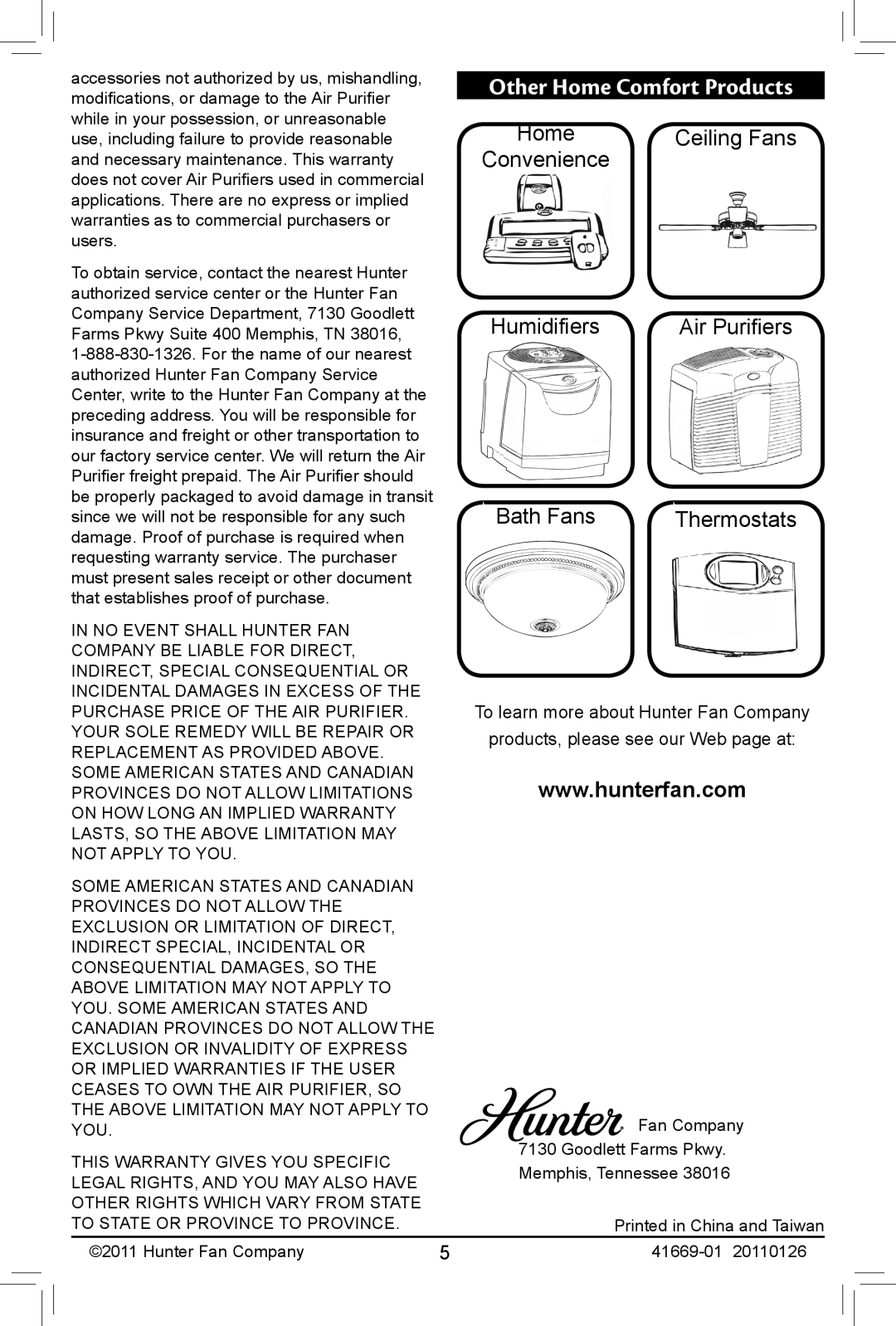 Hunter Fan 30031, 30032 manual Other Home Comfort Products 