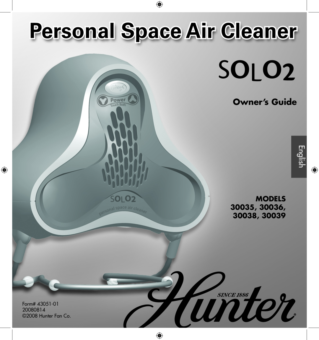 Hunter Fan 30039, 30036, 30038 manual Owner’s Guide, English, MODELS 30035, SOLO2, Personal Space Air Cleaner 