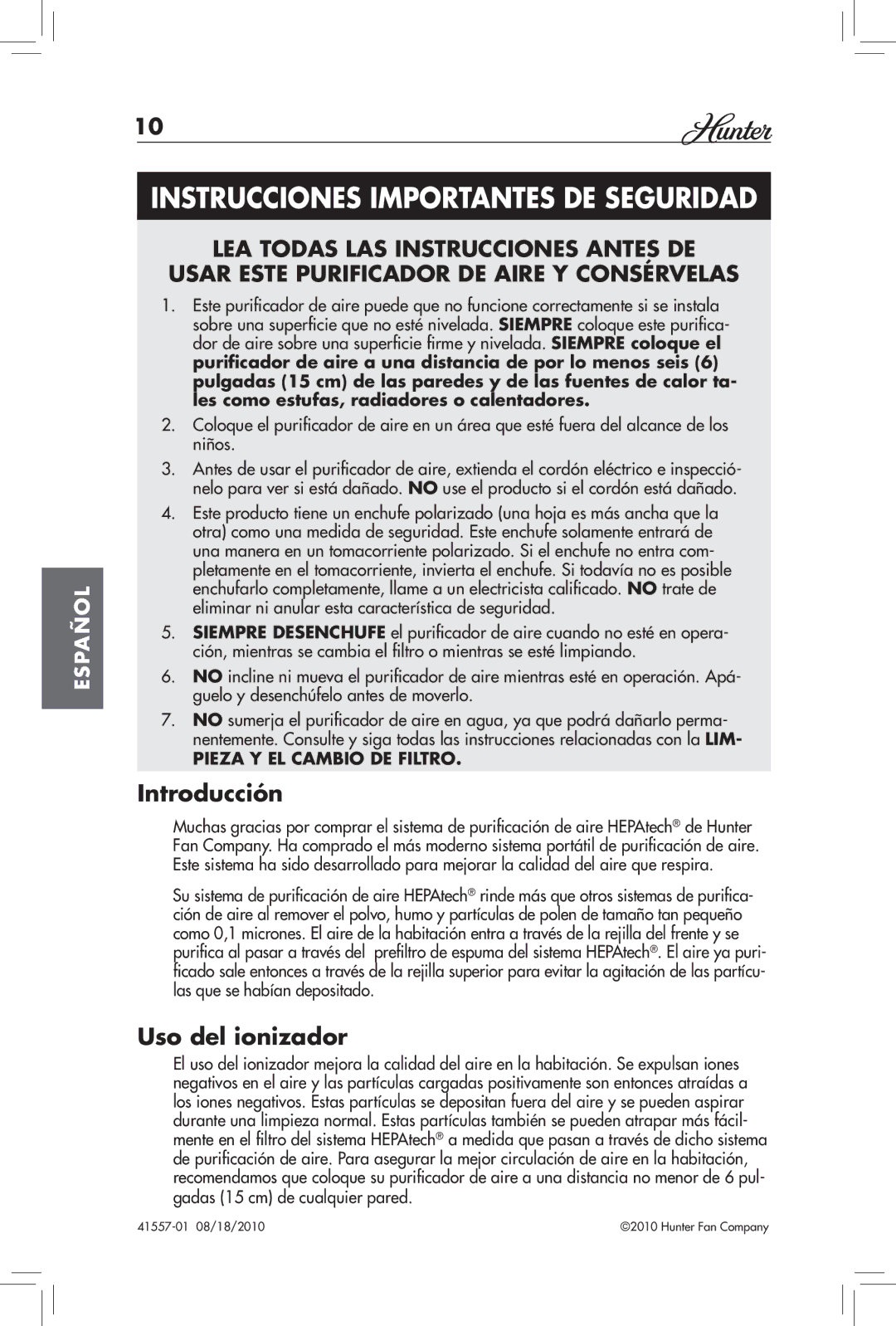 Hunter Fan 30057A, 30061 manual Introducción, Uso del ionizador 