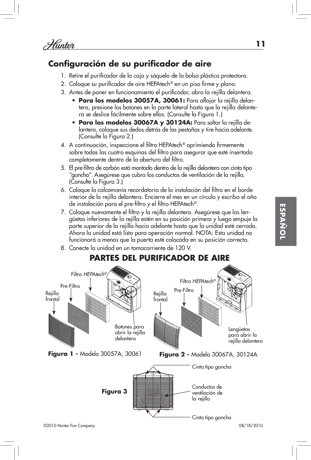 Hunter Fan 30061, 30057A manual Configuración de su purificador de aire, Partes DEL Purificador DE Aire 