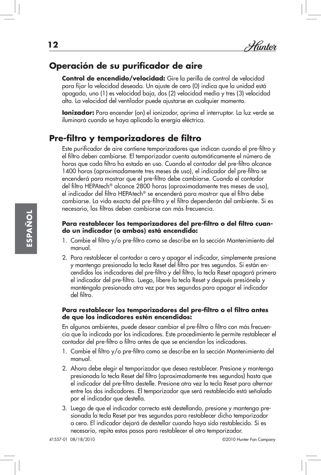 Hunter Fan 30057A, 30061 manual Operación de su purificador de aire, Pre-filtro y temporizadores de filtro 