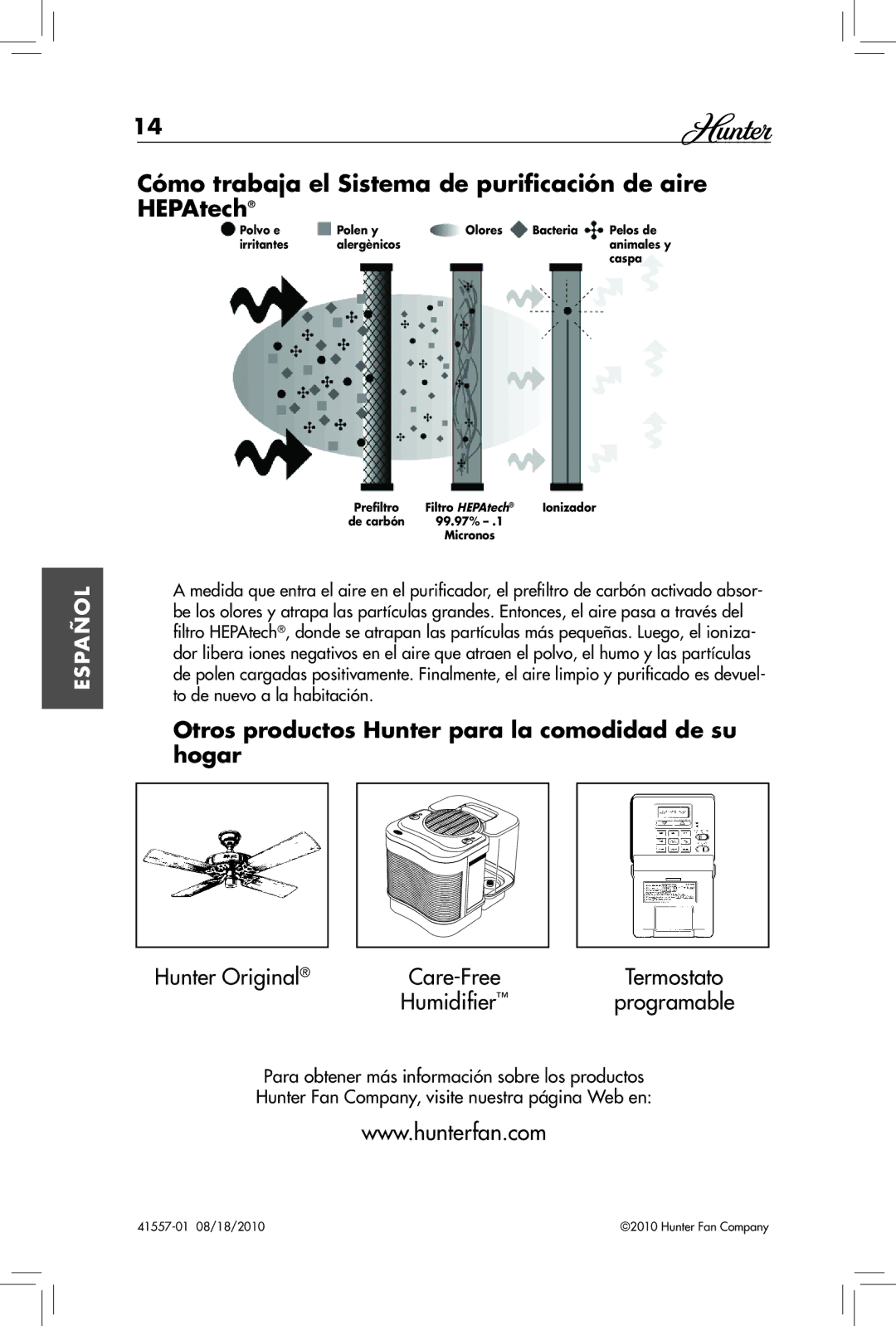 Hunter Fan 30057A, 30061 manual Cómo trabaja el Sistema de purificación de aire HEPAtech 