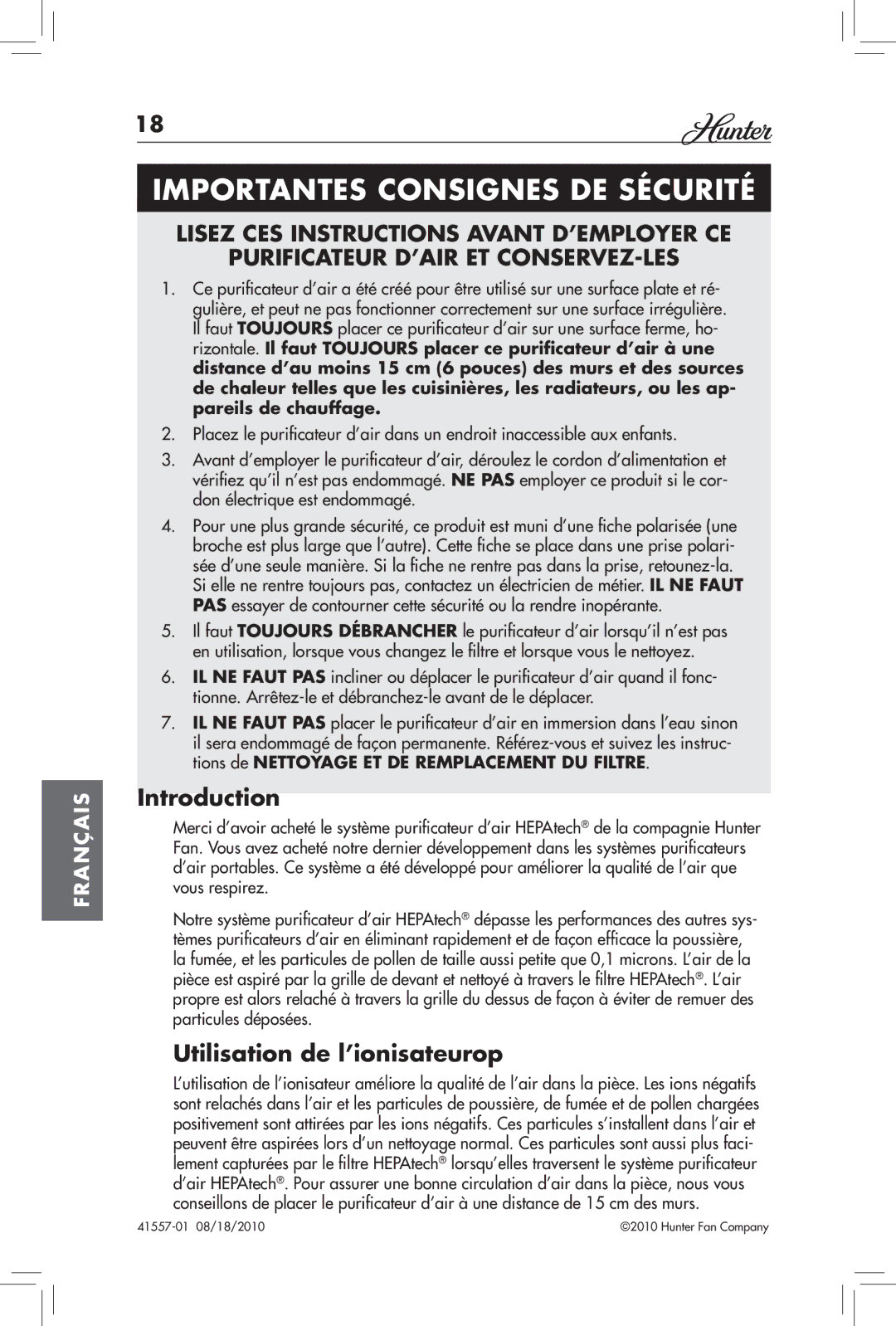 Hunter Fan 30057A, 30061 manual Importantes Consignes DE Sécurité, Utilisation de l’ionisateurop 