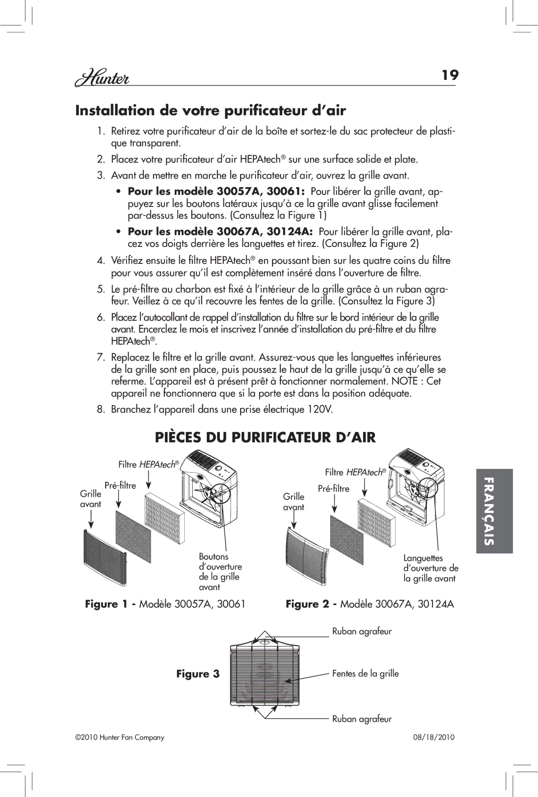 Hunter Fan 30061, 30057A manual Installation de votre purificateur d’air, Pièces DU Purificateur D’AIR 