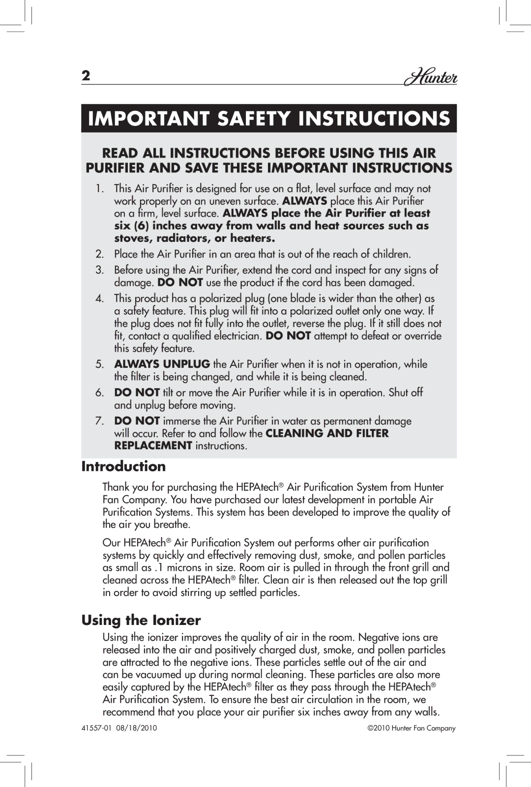 Hunter Fan 30057A, 30061 manual Introduction, Using the Ionizer 