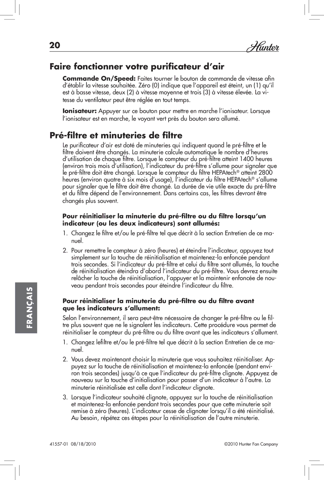 Hunter Fan 30057A, 30061 manual Faire fonctionner votre purificateur d’air, Pré-filtre et minuteries de filtre 