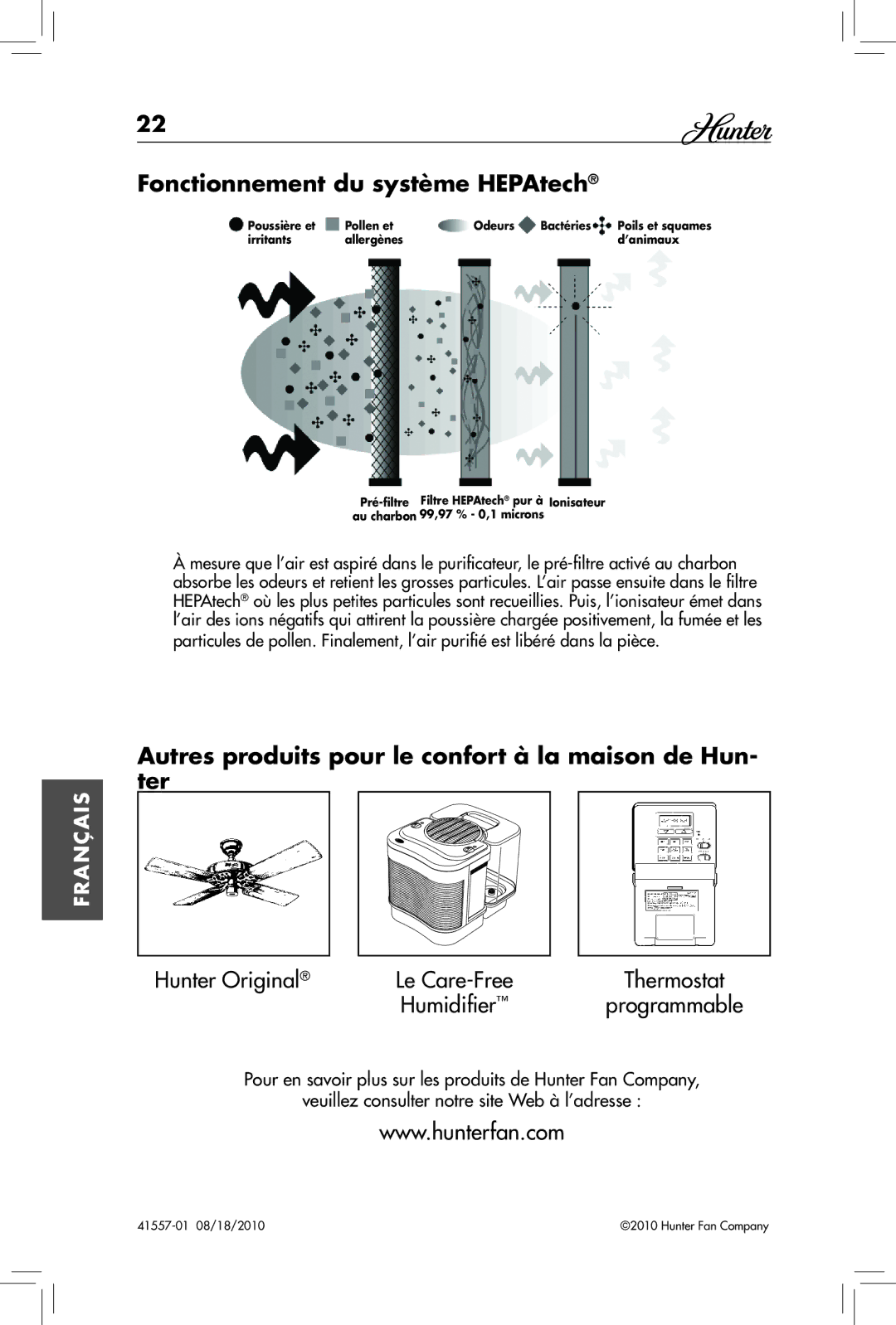 Hunter Fan 30057A, 30061 manual Fonctionnement du système HEPAtech, Autres produits pour le confort à la maison de Hun- ter 