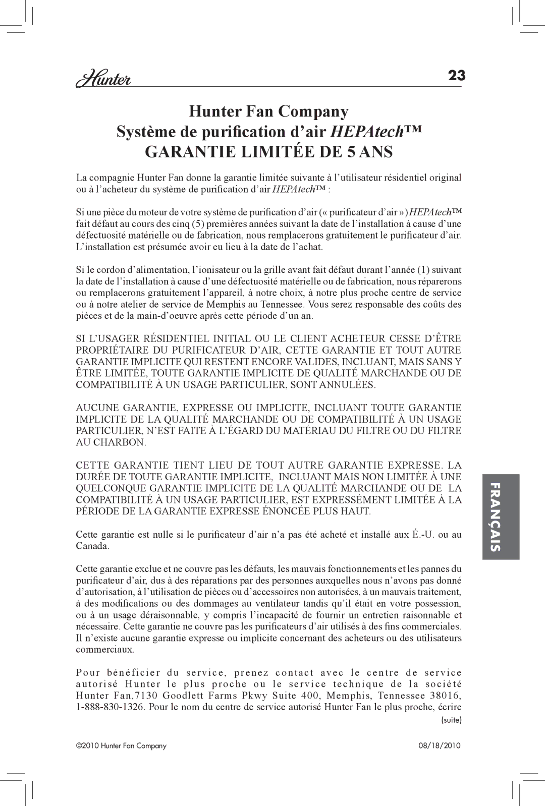 Hunter Fan 30061, 30057A manual Garantie Limitée DE 5 ANS 