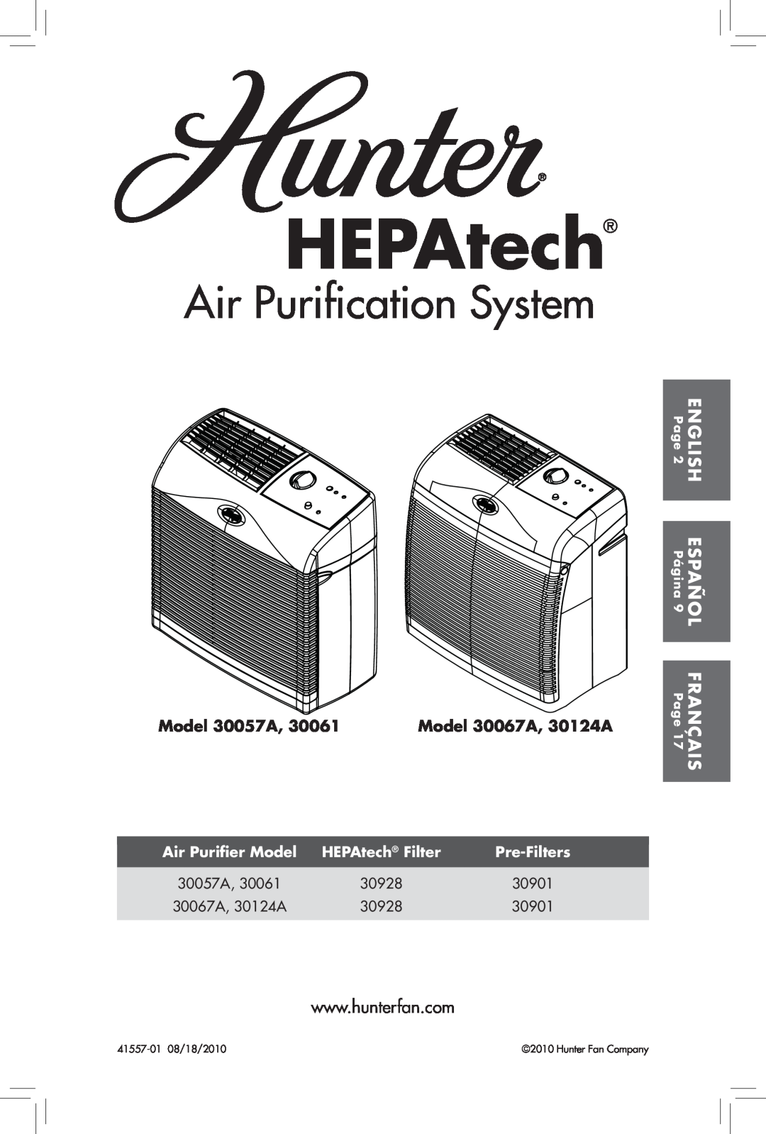Hunter Fan 30061 manual HEPAtech, Air Purification System, Model 30057A, Model 30067A, 30124A, Air Purifier Model 