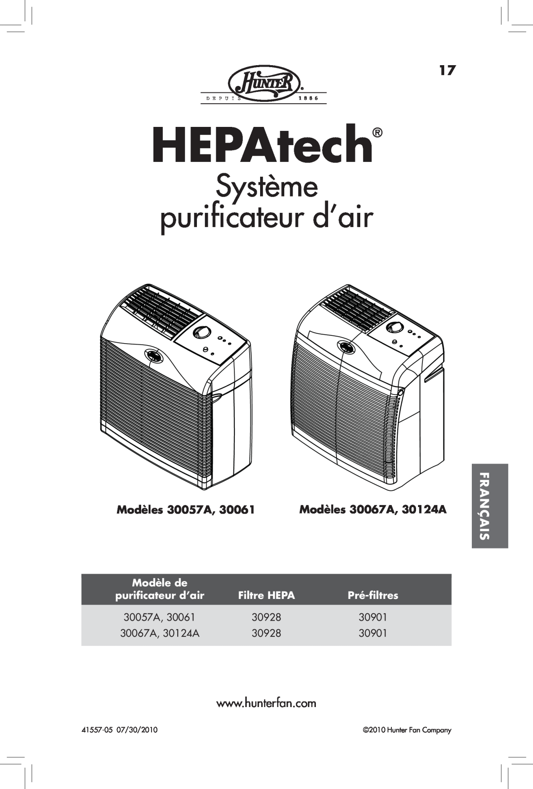 Hunter Fan 30061 manual Système purificateur d’air, Français, Modèles 30057A, Modèles 30067A, 30124A, HEPAtech, Modèle de 
