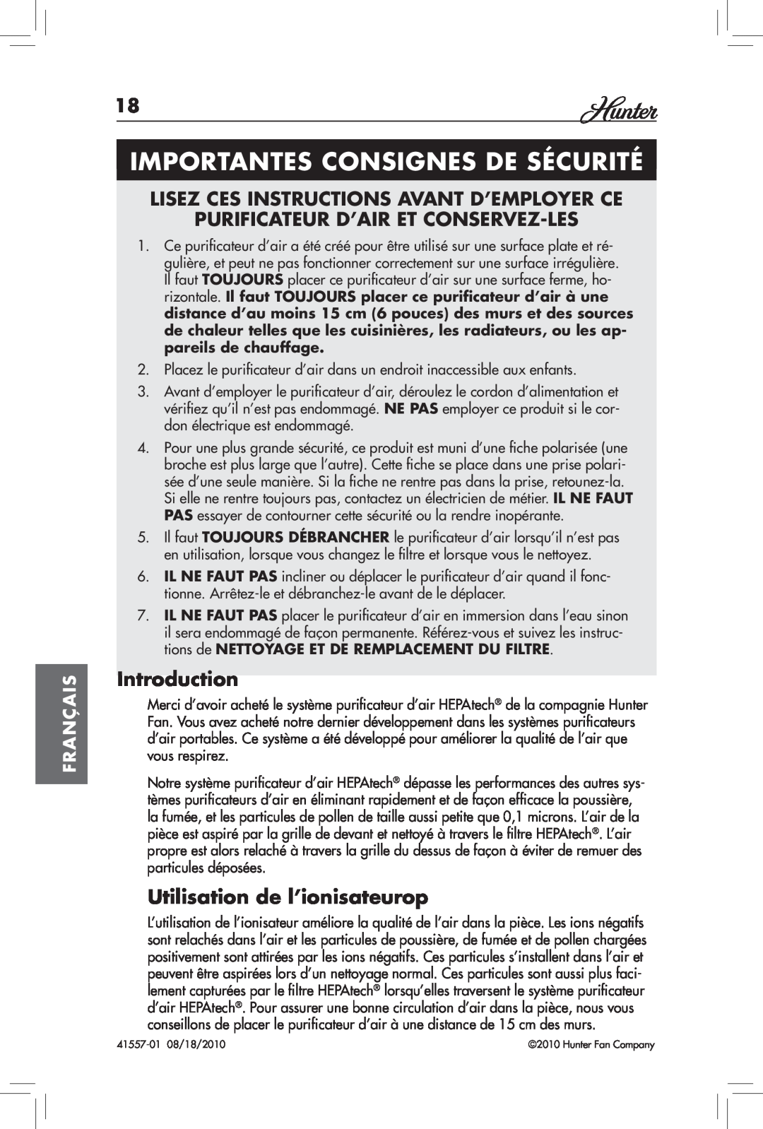 Hunter Fan 30057A Importantes Consignes De Sécurité, Lisez Ces Instructions Avant D’Employer Ce, Introduction, Français 