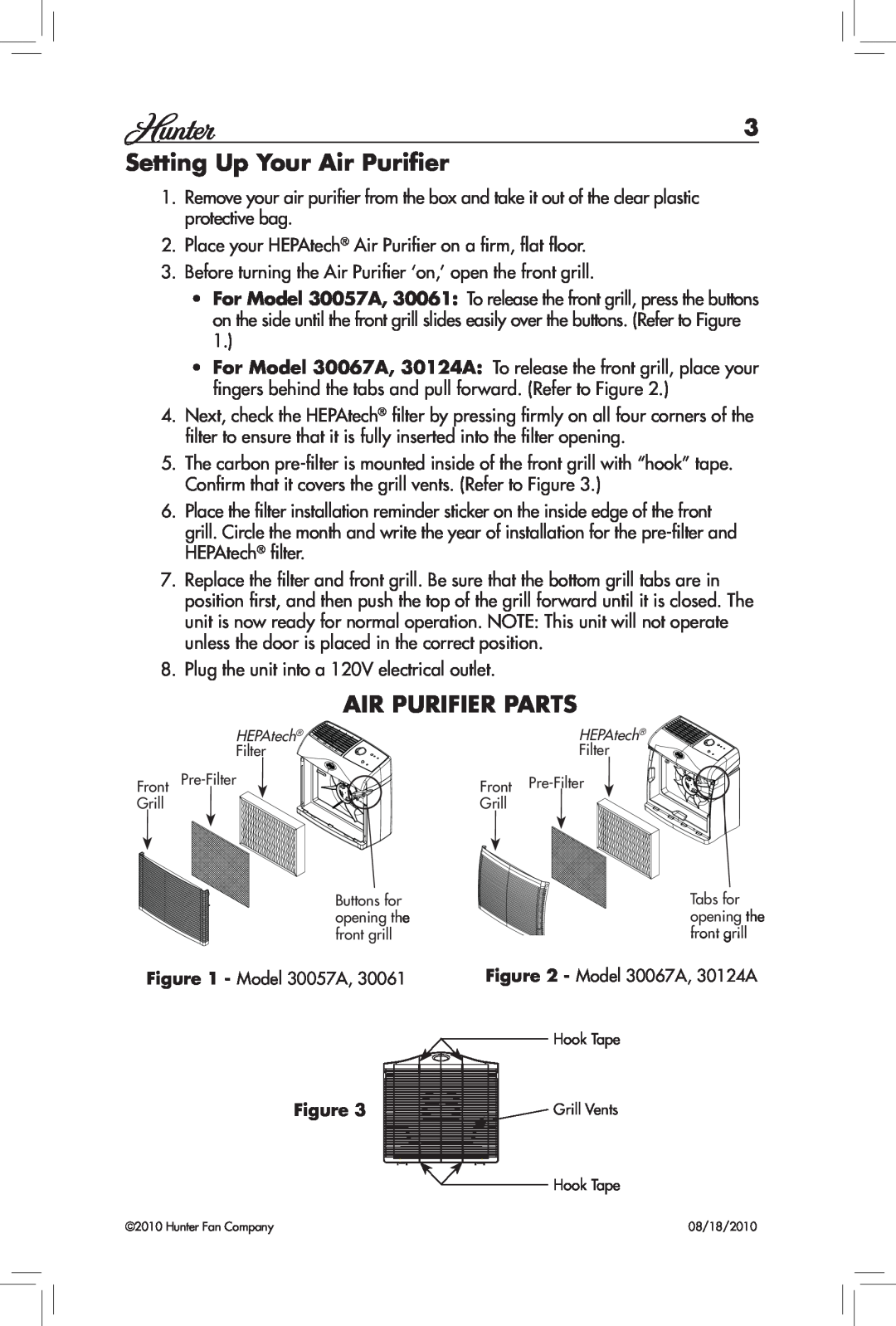 Hunter Fan 30061, 30057A manual Setting Up Your Air Purifier, Air Purifier Parts 