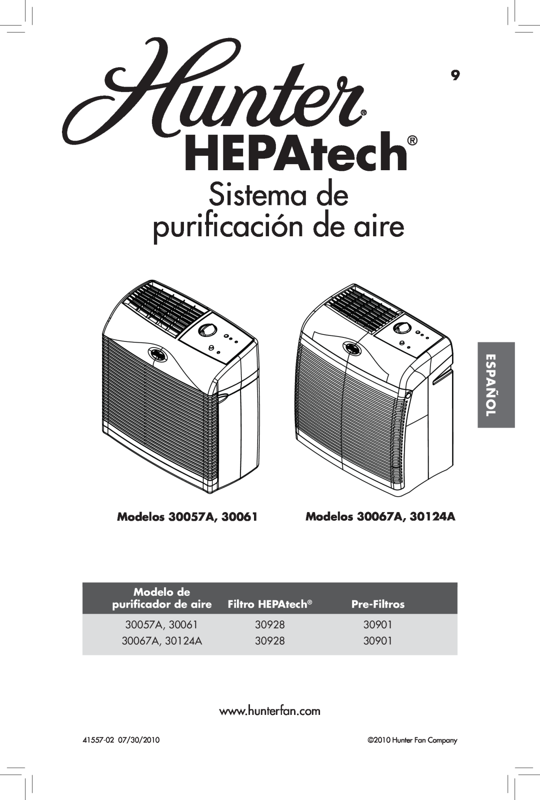 Hunter Fan 30061 Sistema de purificación de aire, Español, Modelos 30057A, Modelos 30067A, 30124A, HEPAtech, Modelo de 