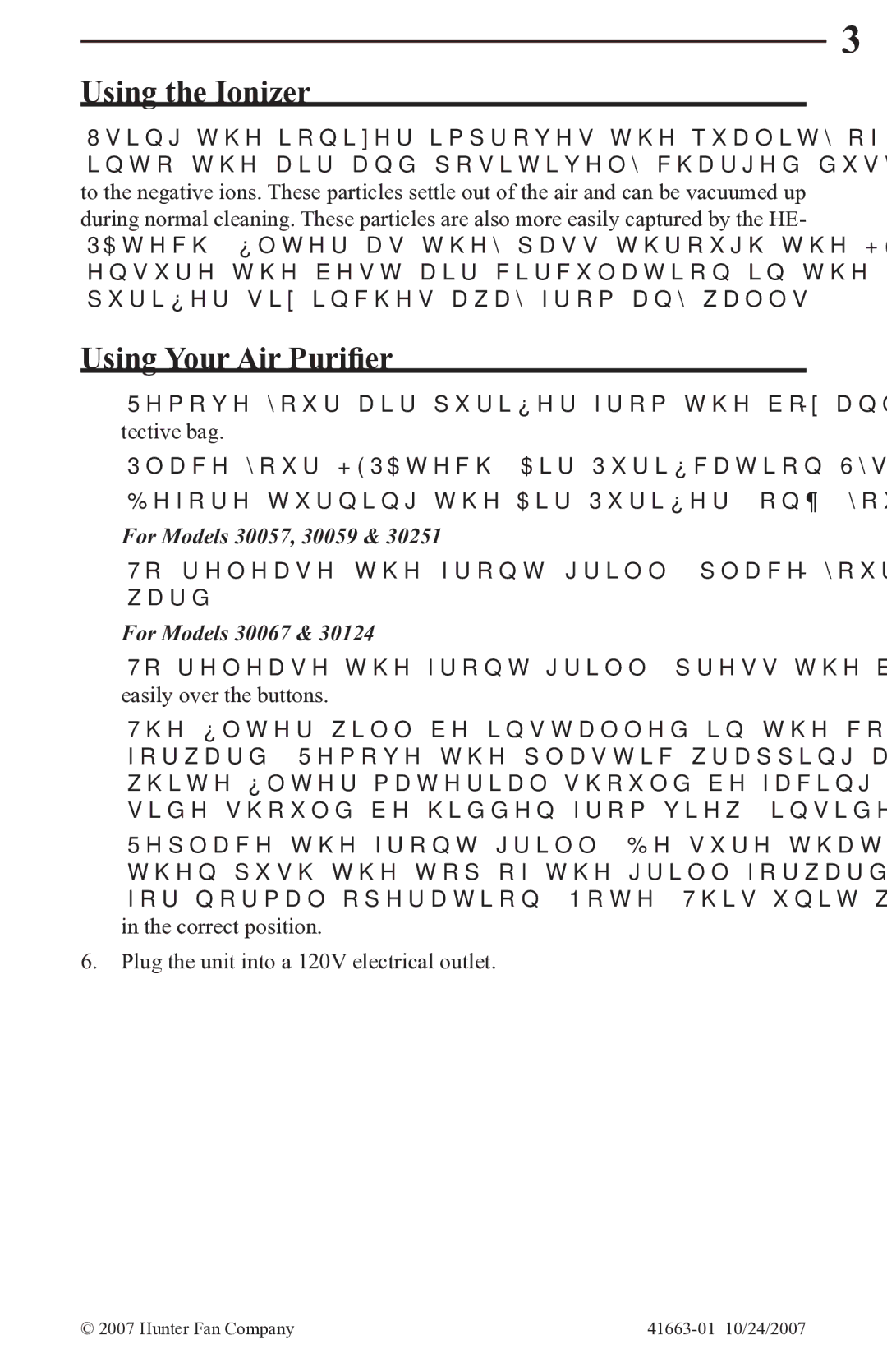 Hunter Fan manual Using the Ionizer, Using Your Air Purifier, For Models 30057, 30059, For Models 30067 