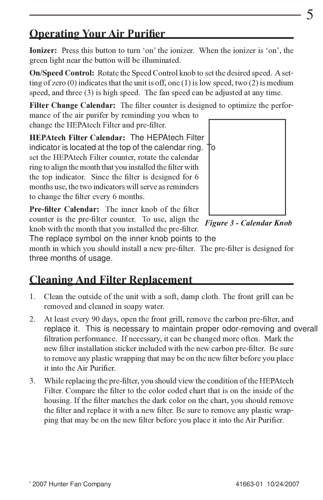 Hunter Fan 30059 manual Operating Your Air Purifier, Cleaning And Filter Replacement 