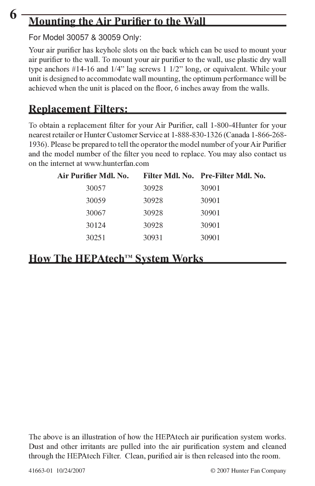 Hunter Fan 30059 manual Mounting the Air Purifier to the Wall, Replacement Filters, How The HEPAtechTM System Works 