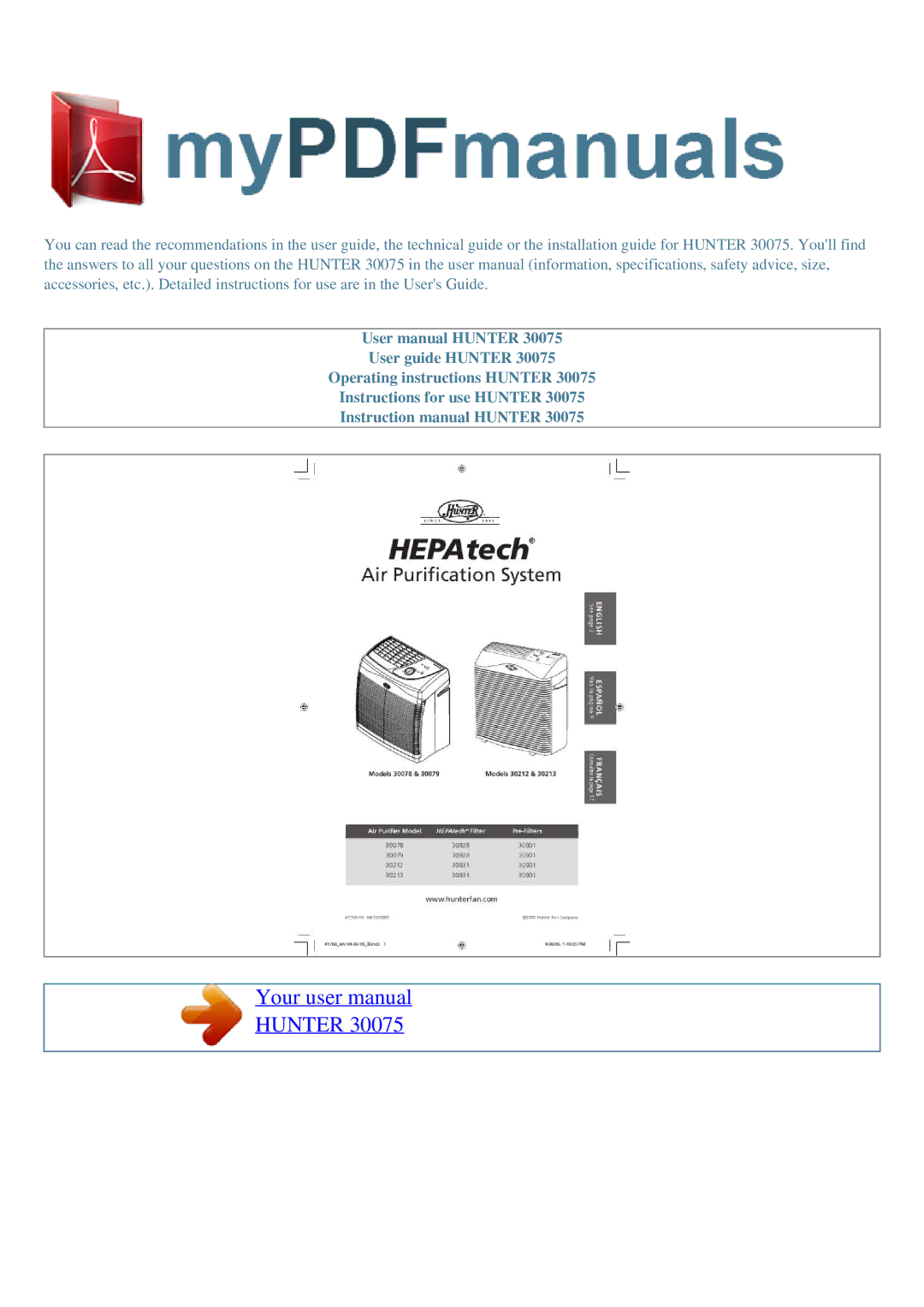 Hunter Fan 30075 user manual Hunter 