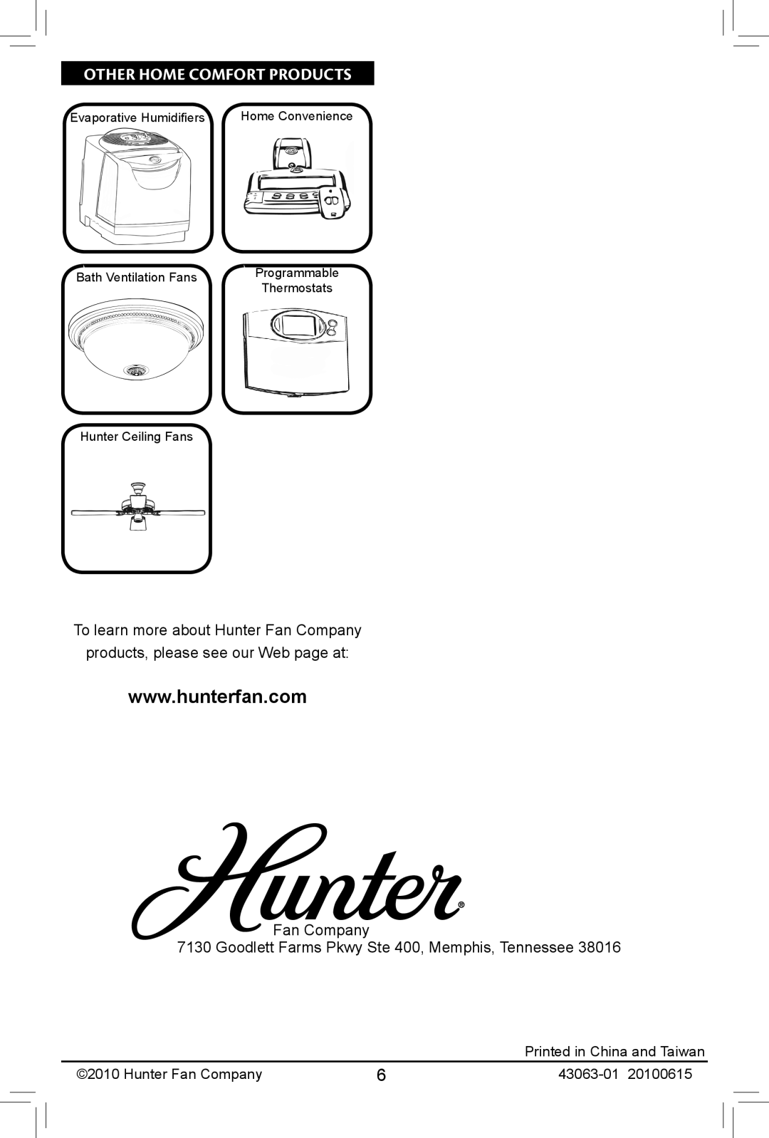 Hunter Fan 30180 manual Other Home Comfort Products 