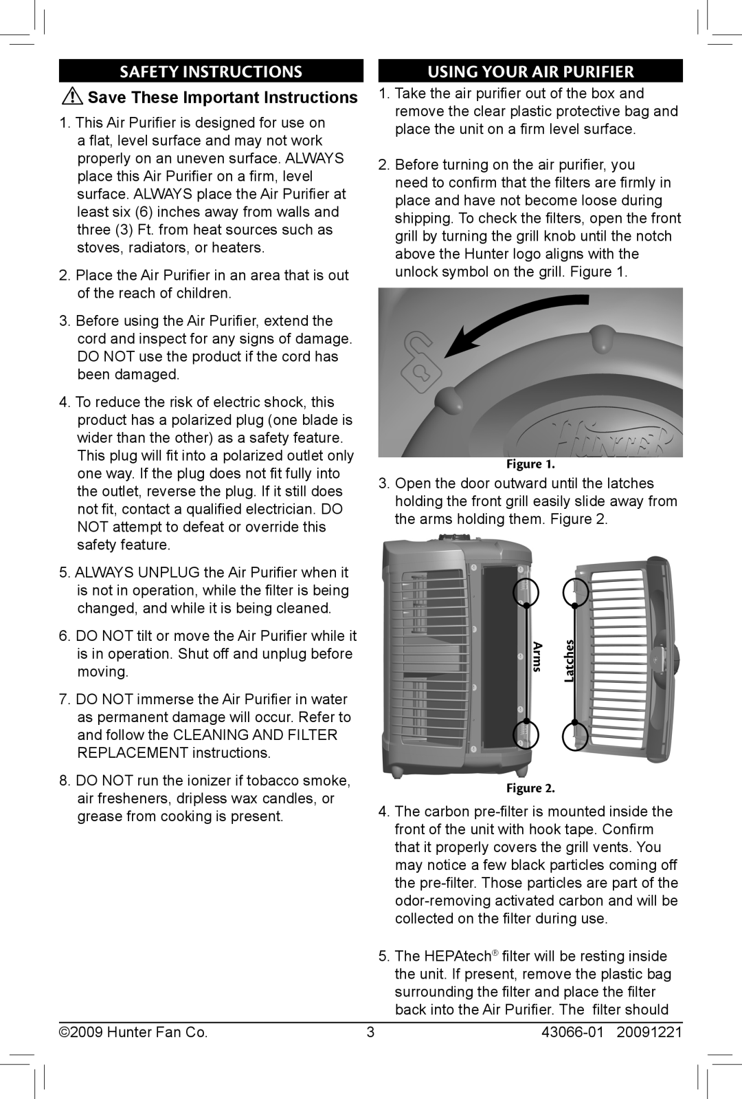 Hunter Fan 30701, 30700 owner manual Safety Instructions, Using Your Air Purifier, Save These Important Instructions 