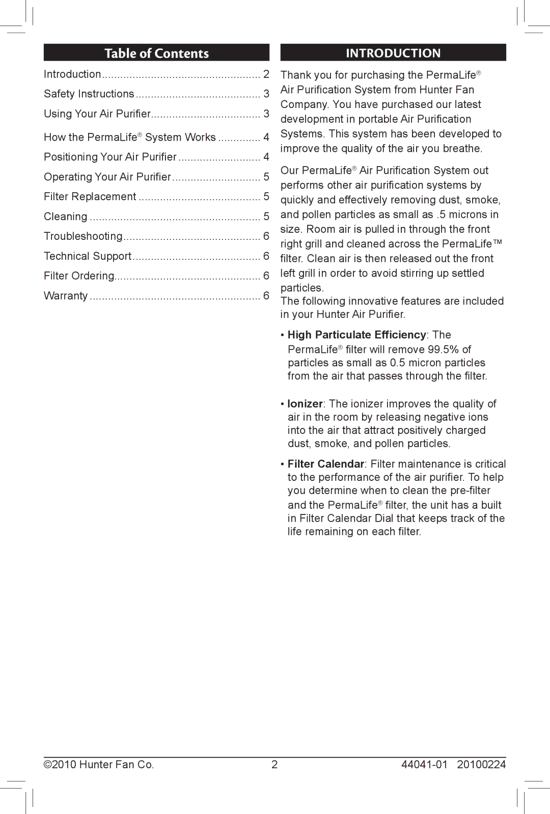 Hunter Fan 20100224, 30707, 44041-01 owner manual Table of Contents 