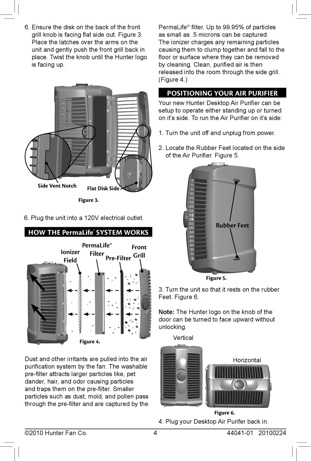 Hunter Fan 44041-01, 30707, 20100224 owner manual Positioning Your Air Purifier, Rubber Feet, Front, Filter Pre-Filter Grill 