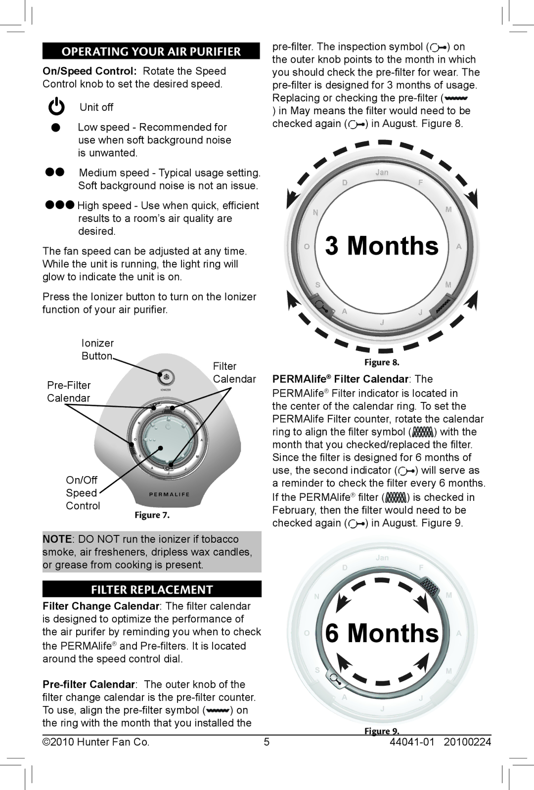 Hunter Fan 20100224, 30707, 44041-01 owner manual Operating Your Air Purifier, Filter Replacement, PERMAlife Filter Calendar 