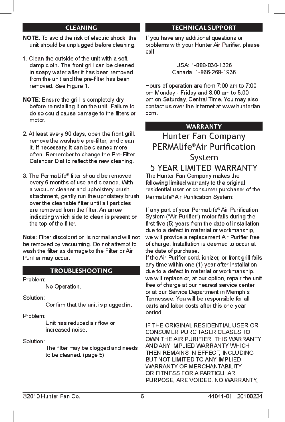 Hunter Fan 30707, 44041-01, 20100224 owner manual Cleaning Technical Support, Troubleshooting, Warranty 