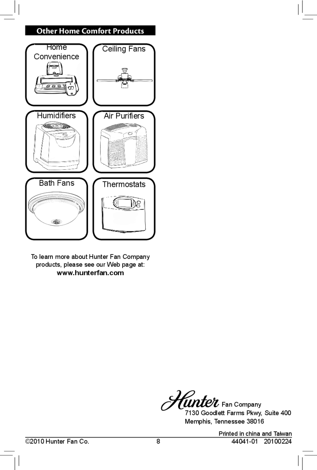 Hunter Fan 20100224, 30707, 44041-01 owner manual Other Home Comfort Products, Thermostats 