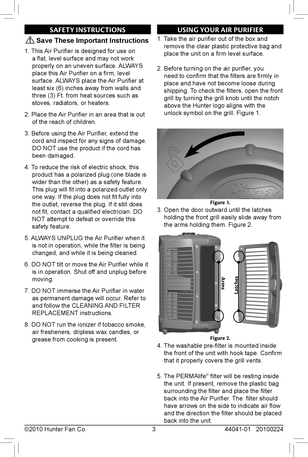 Hunter Fan 30707, 44041-01, 20100224 Safety Instructions, Using Your Air Purifier, Save These Important Instructions 