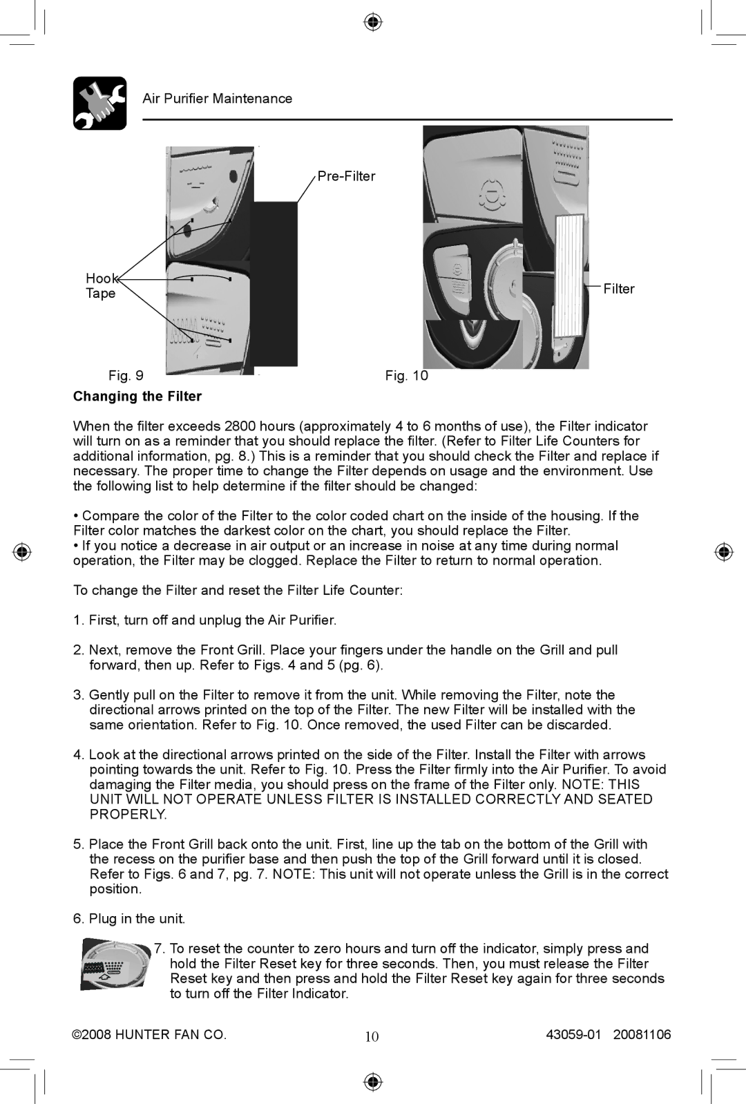 Hunter Fan 30770, 30771 manual Changing the Filter 