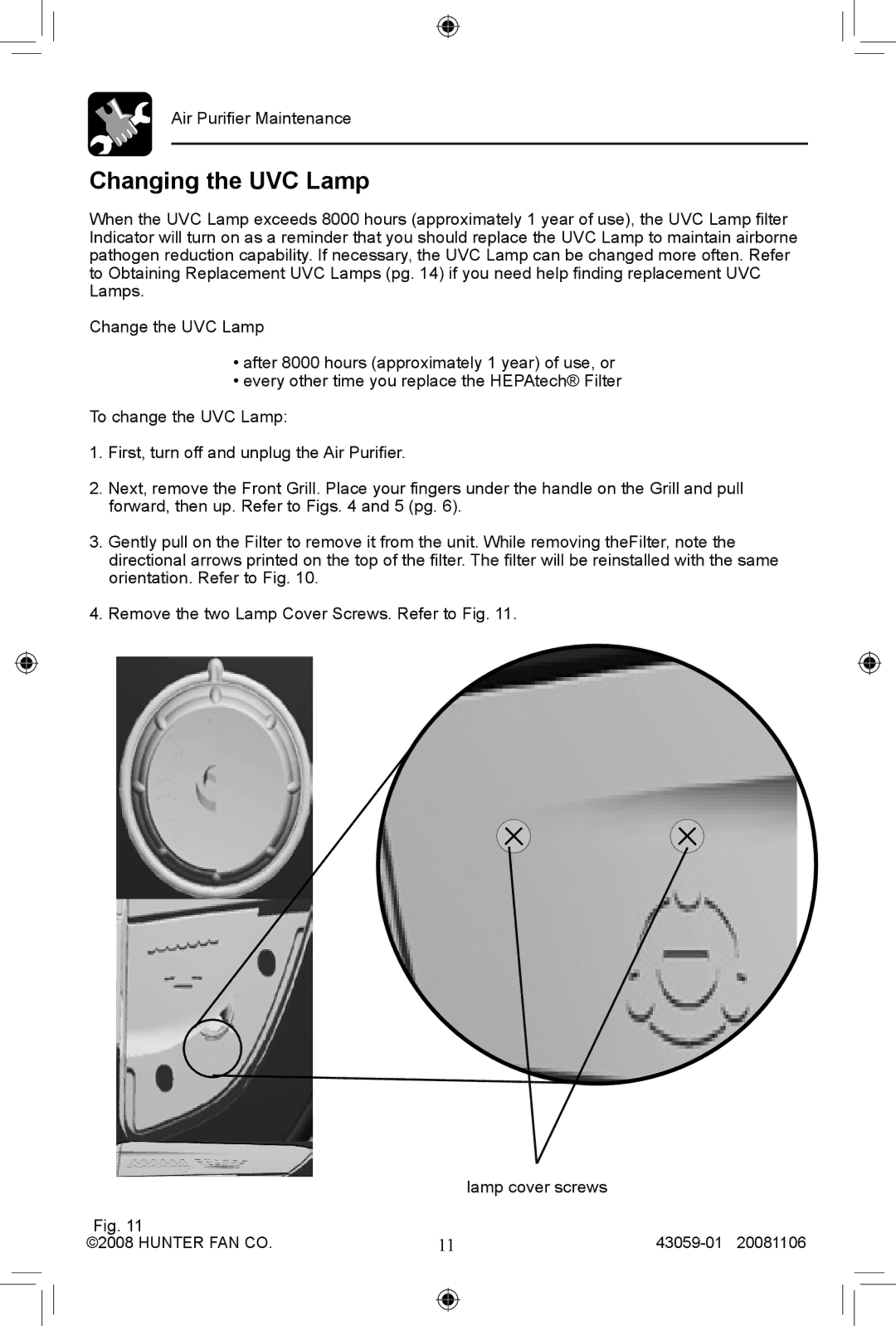 Hunter Fan 30771, 30770 manual Changing the UVC Lamp 