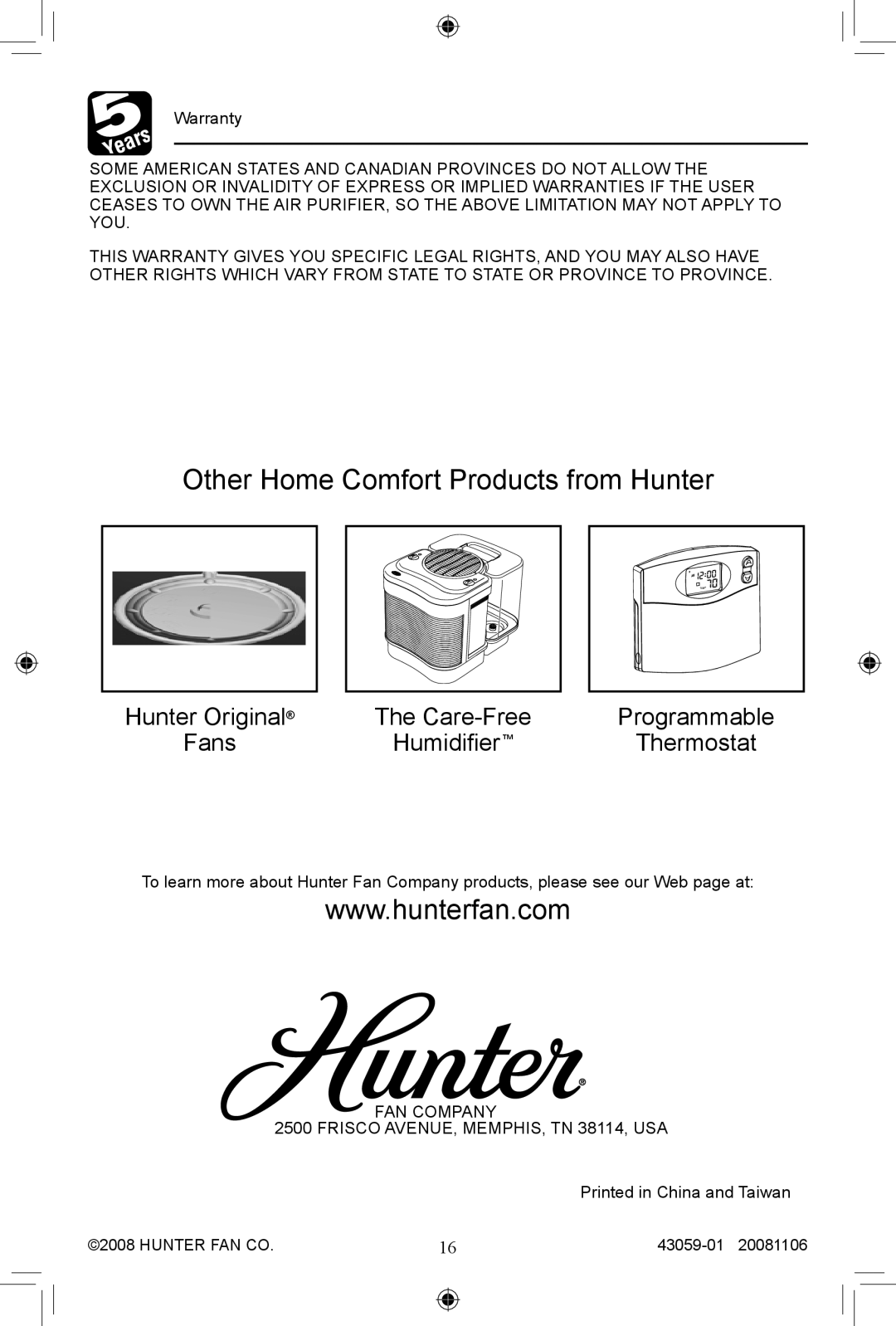 Hunter Fan 30770, 30771 manual Other Home Comfort Products from Hunter 