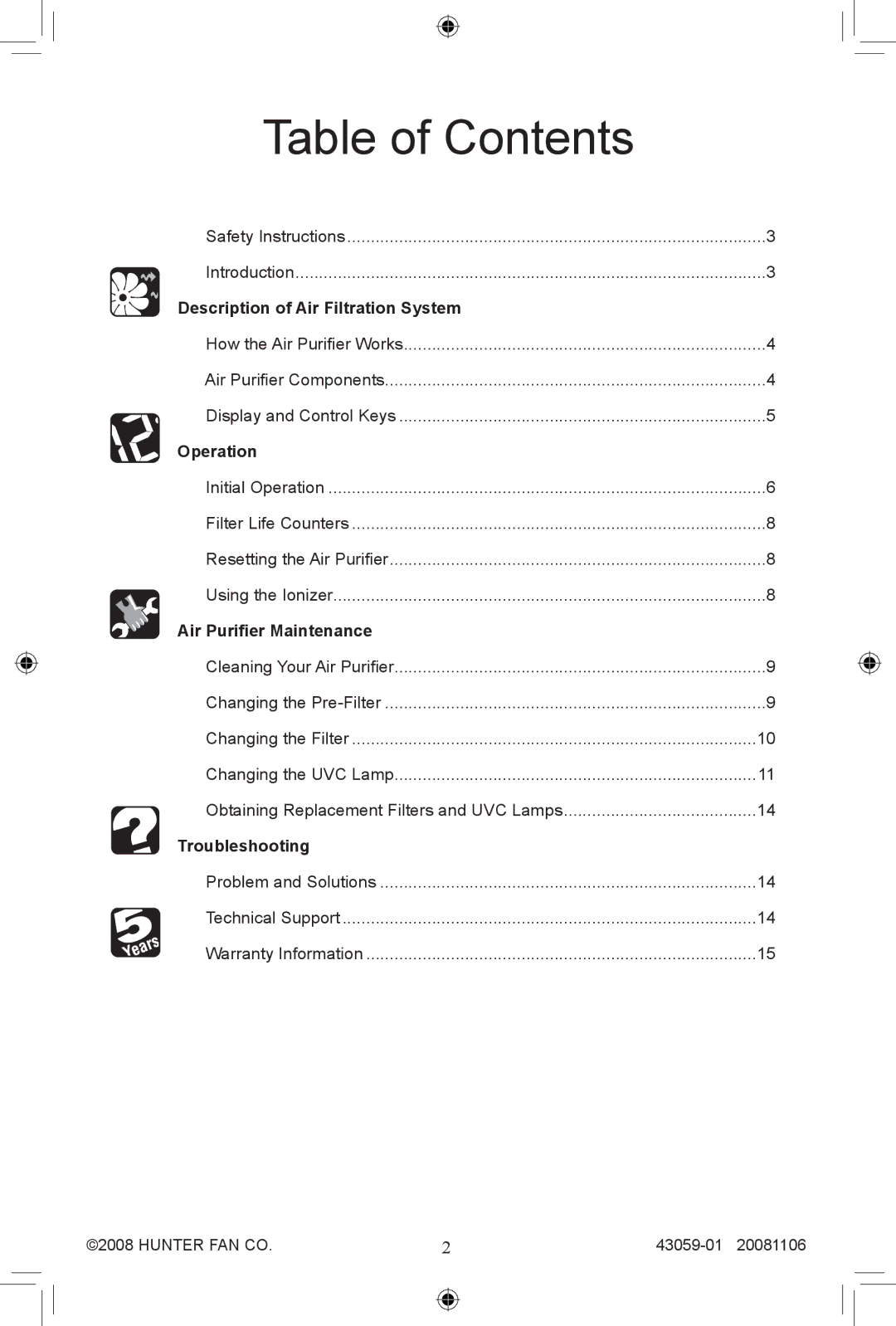 Hunter Fan 30770, 30771 manual Table of Contents 