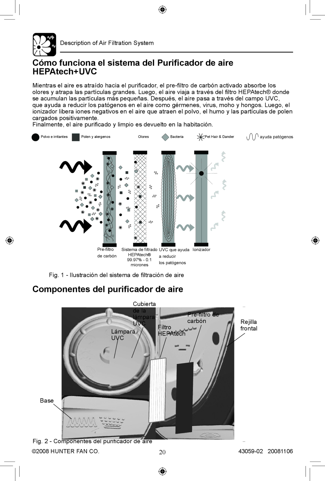 Hunter Fan 30770, 30771 manual Componentes del purificador de aire, Uvc 