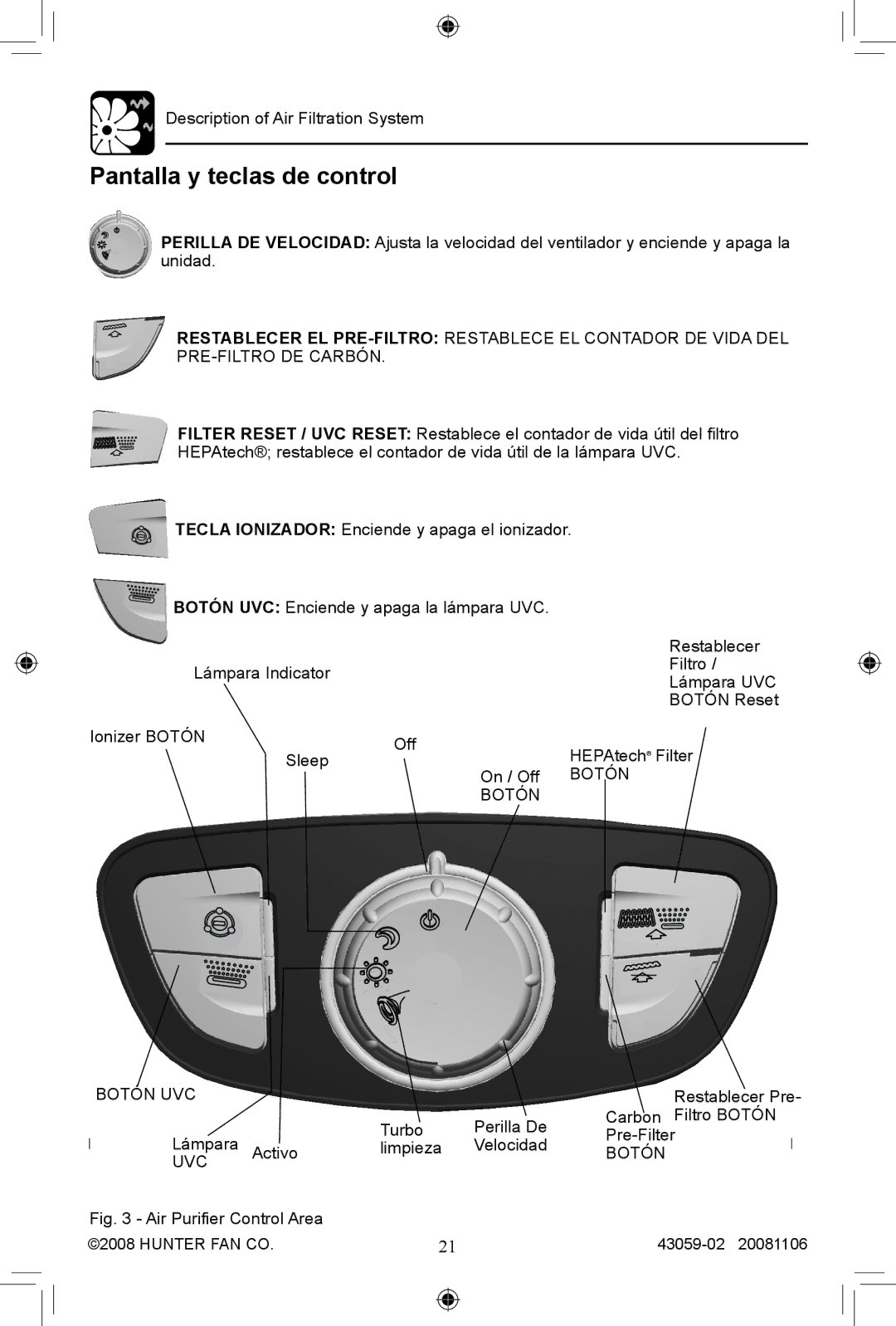 Hunter Fan 30771, 30770 manual Pantalla y teclas de control, Botón Botón UVC 