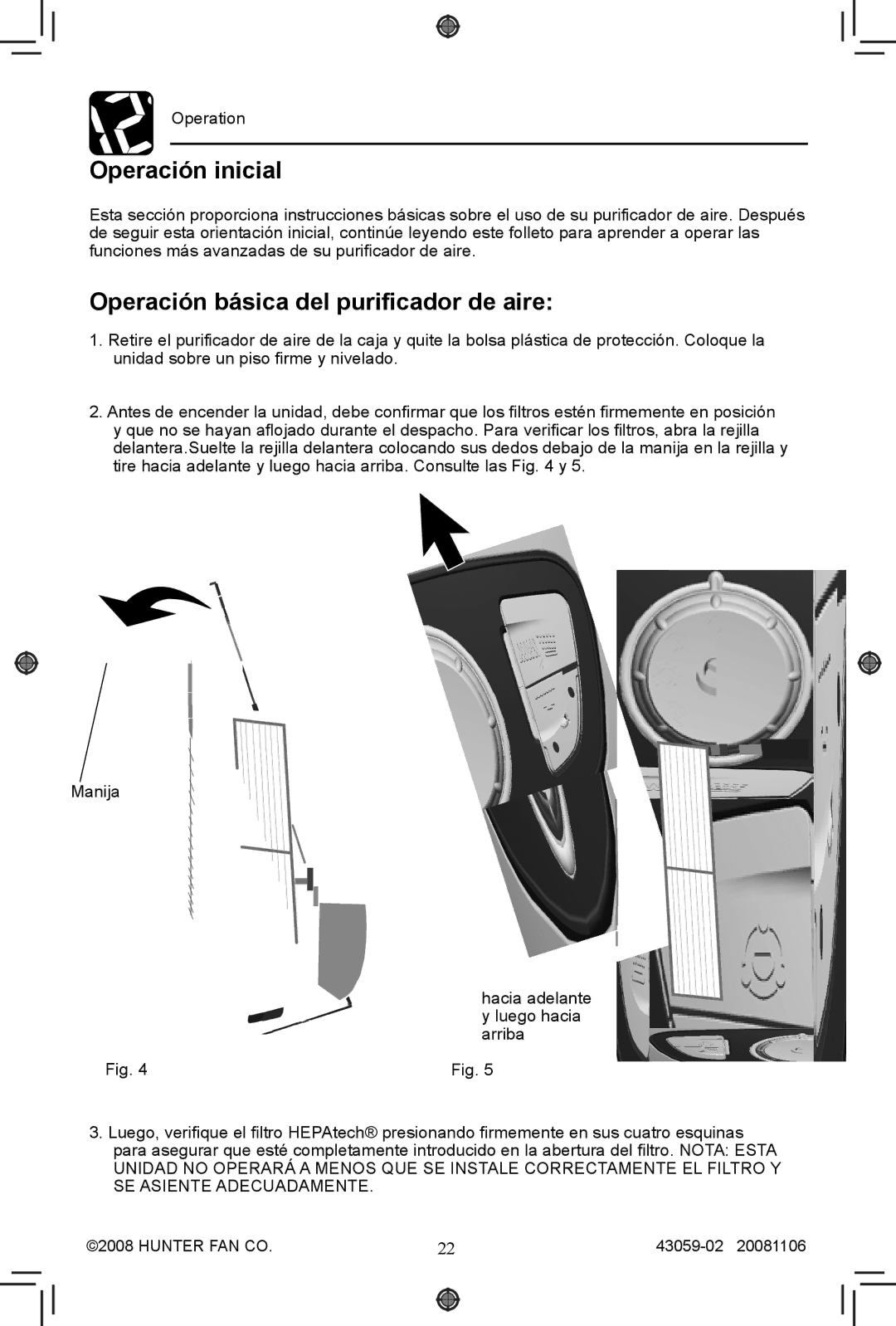 Hunter Fan 30770, 30771 manual Operación inicial, Operación básica del purificador de aire 